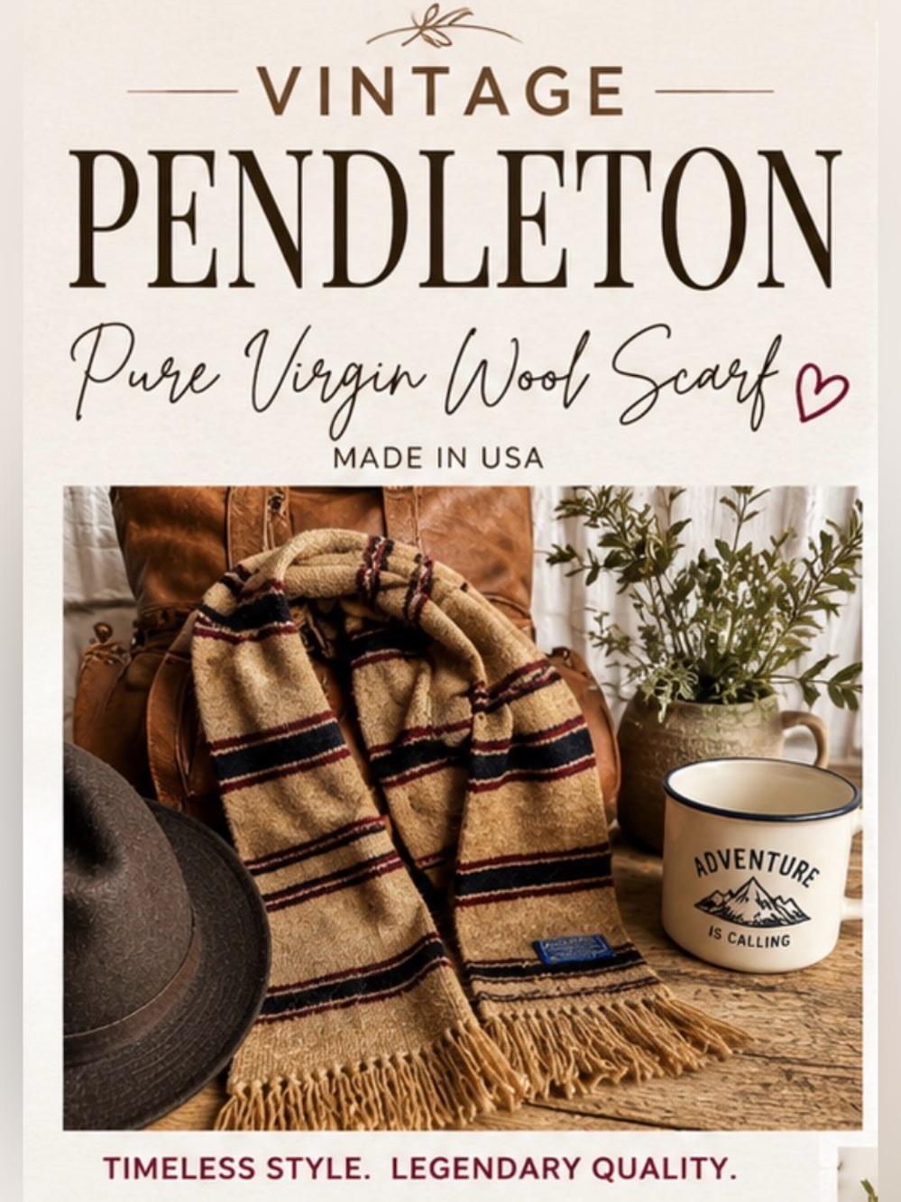 Pendleton Tan Wool Scarf with Navy & Burgundy Stripes